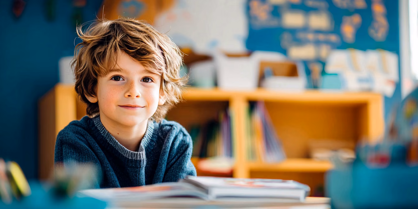 A boy smiling over an open book in a classroom